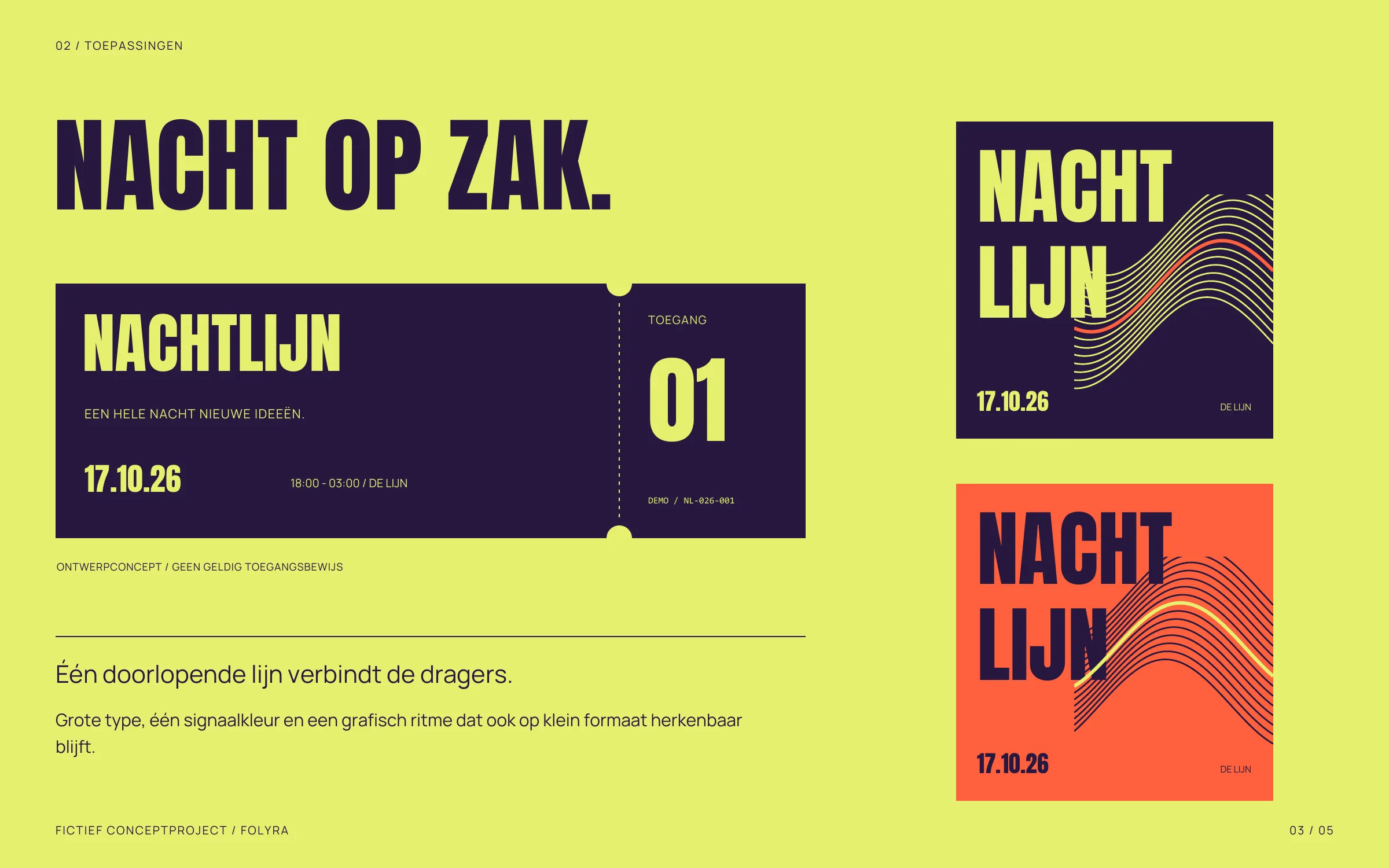 Een paars ticketconcept naast twee vierkante campagnebeelden.