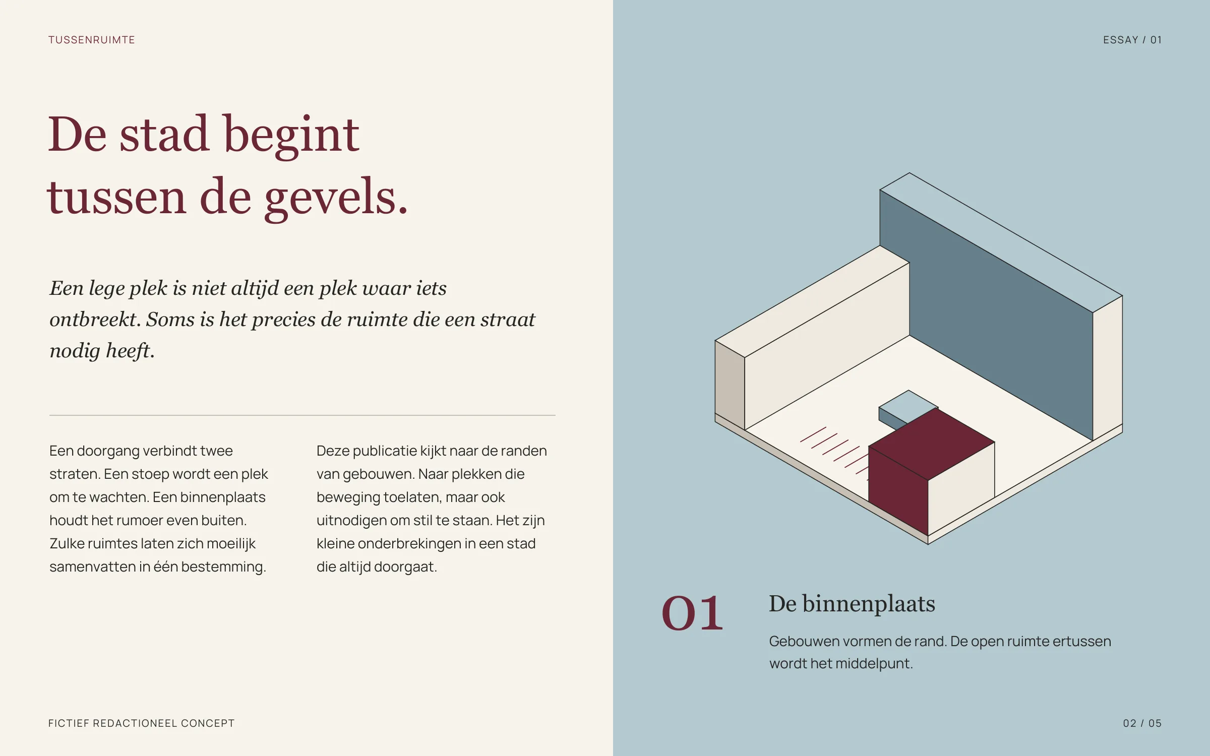 Een tweedelige redactionele spread met een essay en een ruimtelijke illustratie van een binnenplaats.