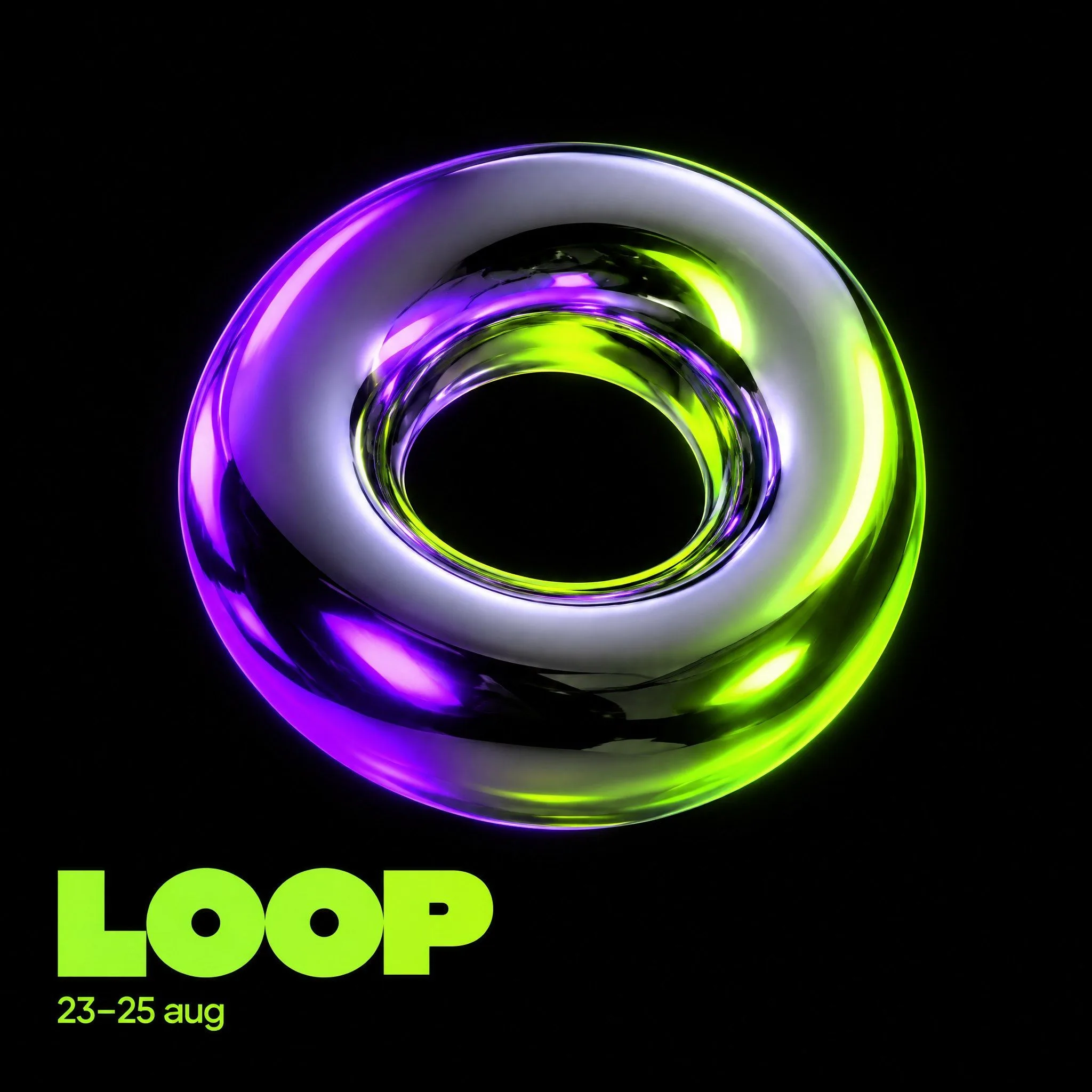 Vierkant beeld met een chromen ring in violet en zuurgroen licht en LOOP linksonder.