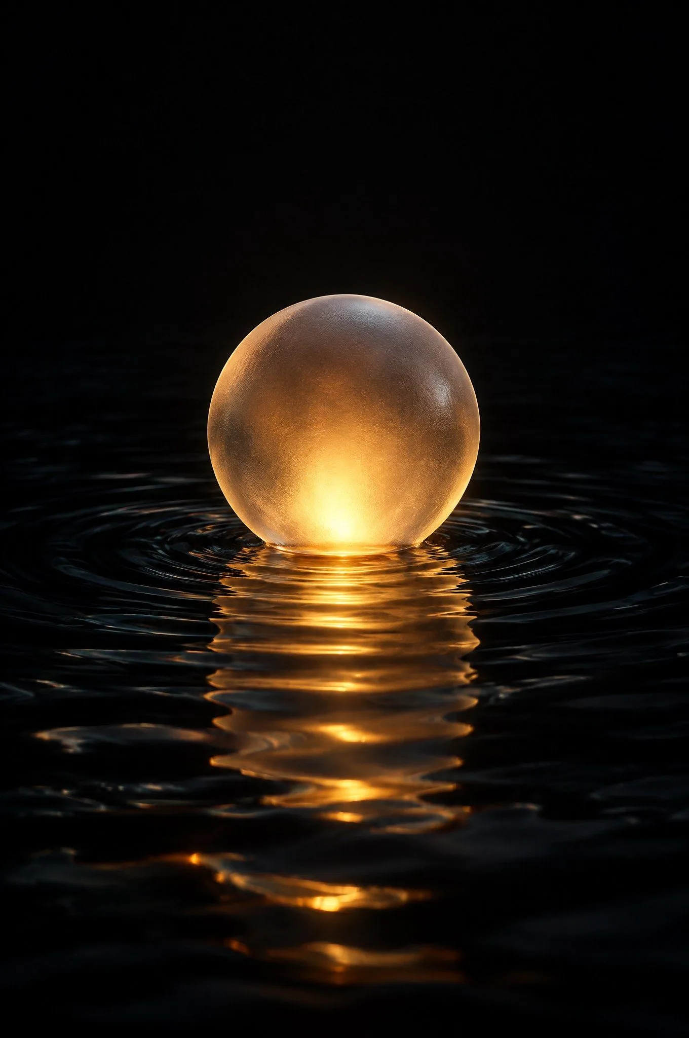 3D-render van een matglazen bol die van binnenuit warm oplicht op zwart water.