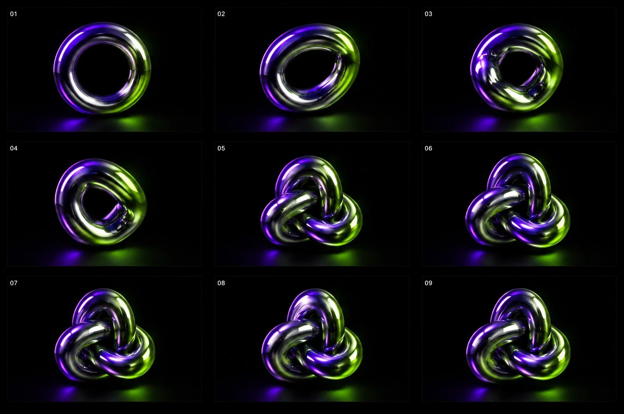 Contactvel van negen keyframes waarin een chromen ring stap voor stap in een knoop draait.