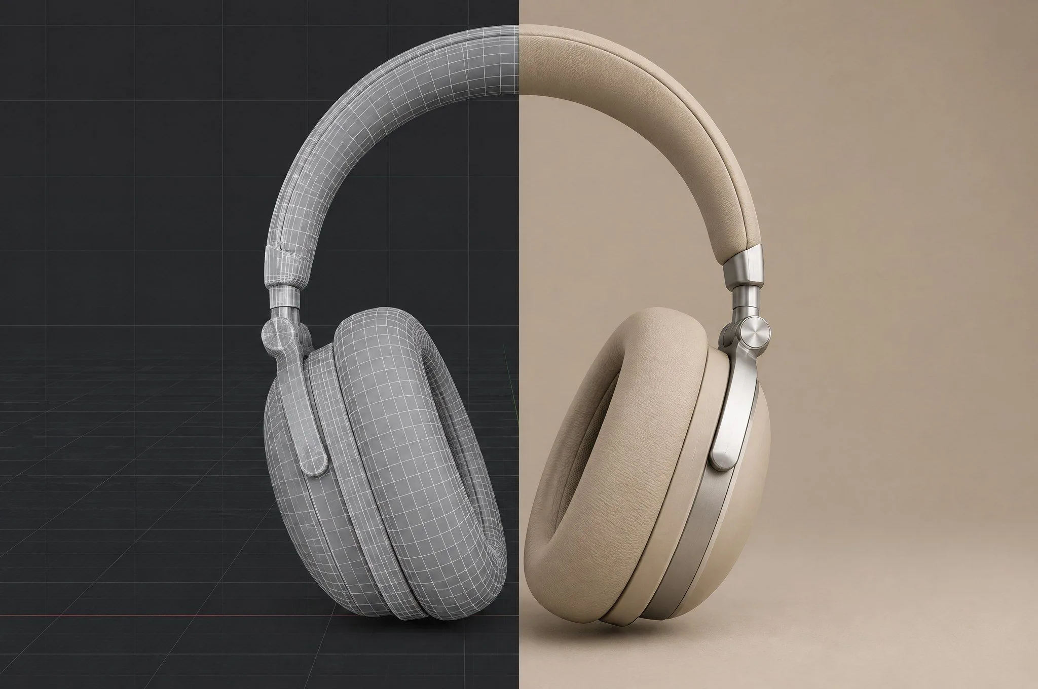 Van draadmodel naar render Links een grijs draadmodel van de koptelefoon, rechts dezelfde koptelefoon volledig gerenderd.