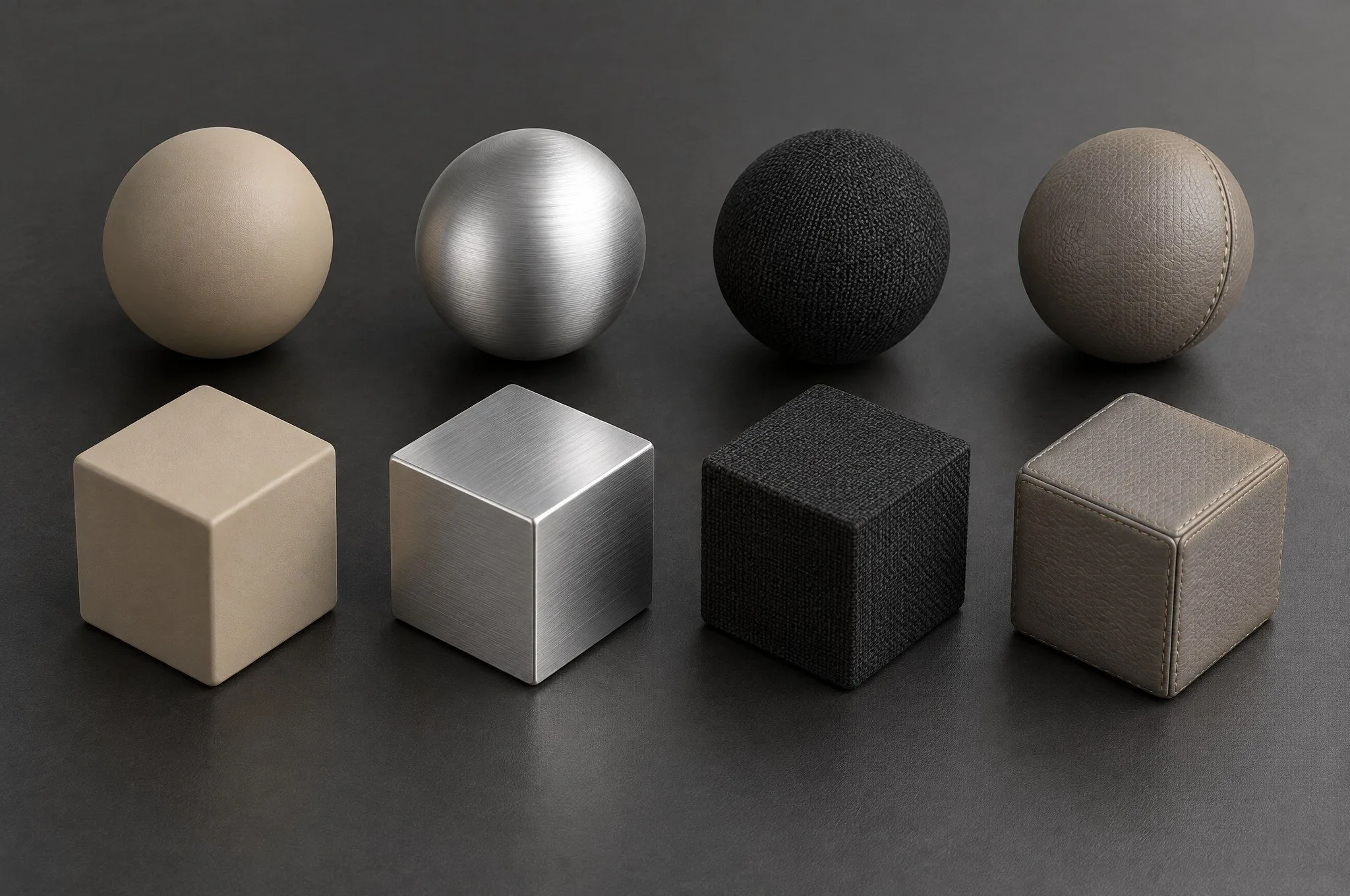 Materiaalstudie Bollen en kubussen in zandbeige polymeer, geborsteld aluminium, zwart textiel en warmgrijs leer op grafiet.