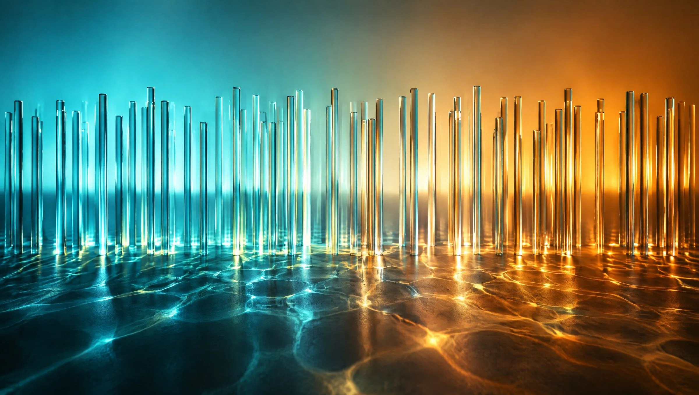 3D-render van tientallen dunne verticale glazen staven, tegenlicht in cyaan en amber, caustics op een donkere vloer.