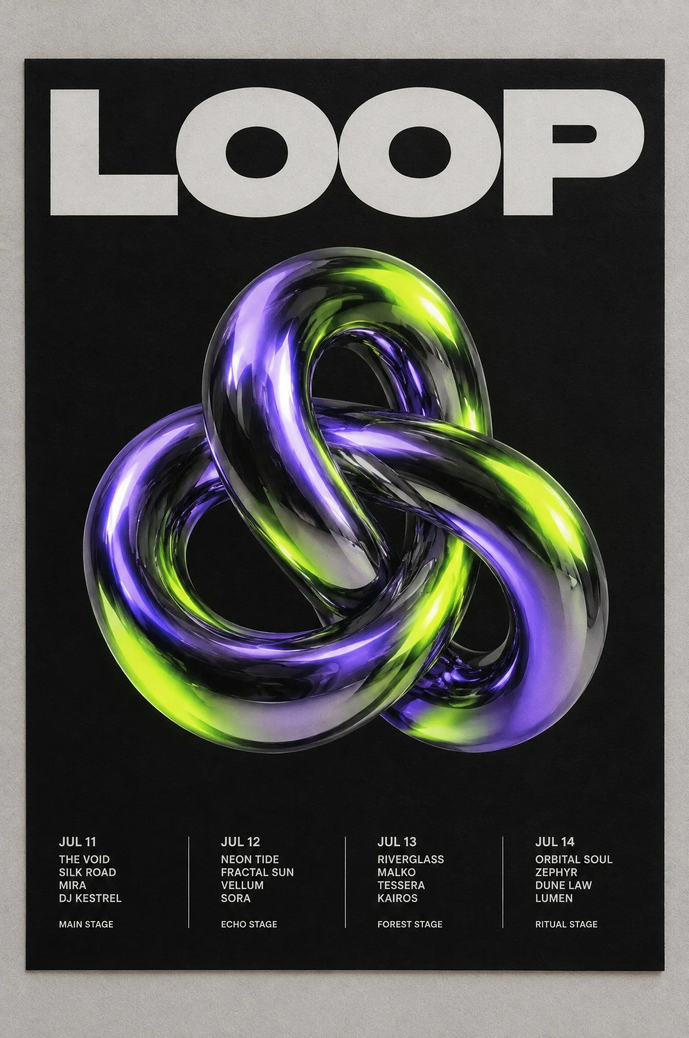 Festivalposter op zwart met de chromen knoop in het midden en LOOP in zware kapitalen bovenaan.