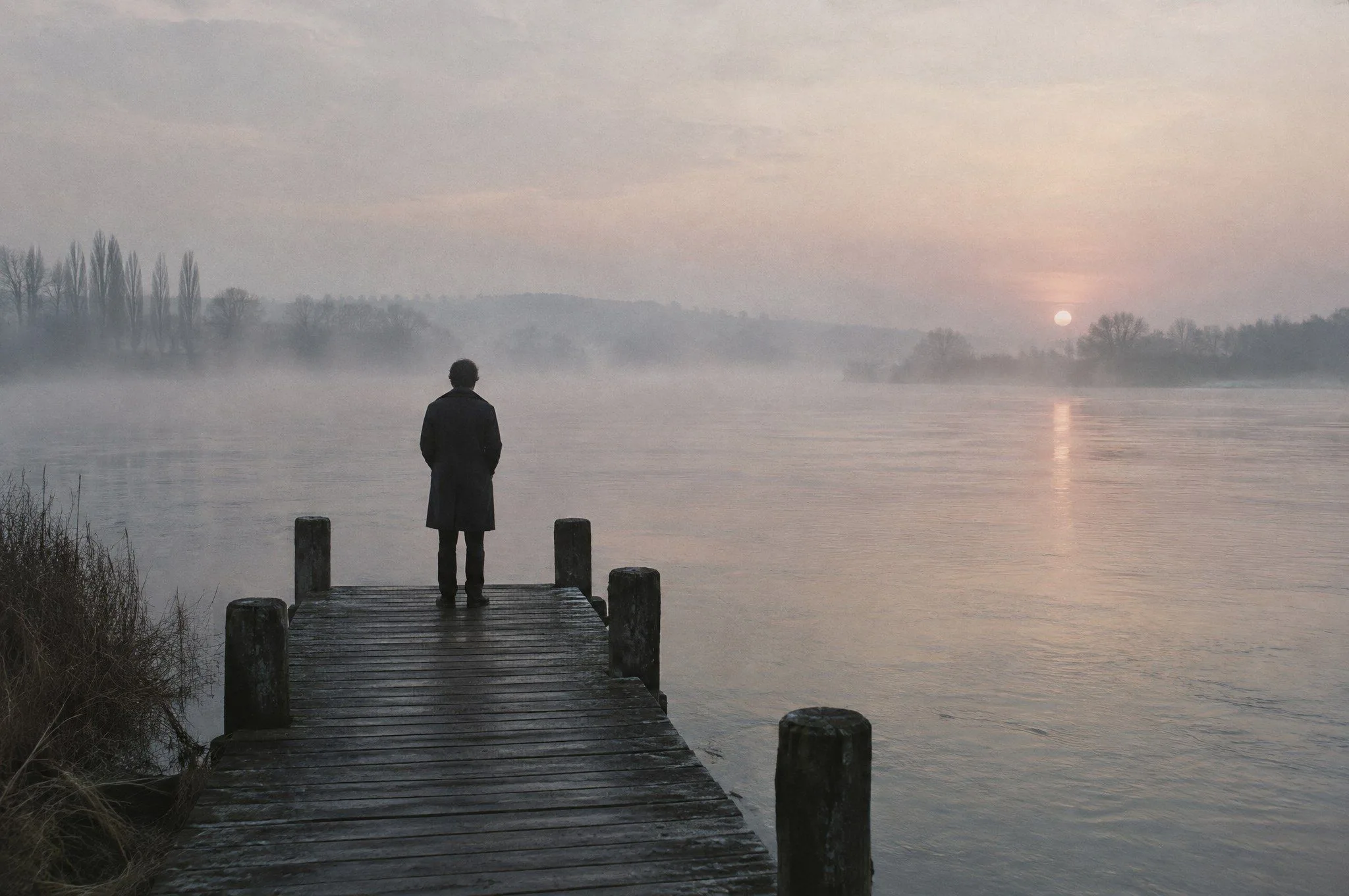 Een figuur in donkere jas op een houten steiger aan een brede rivier bij dageraad, mist over het water.