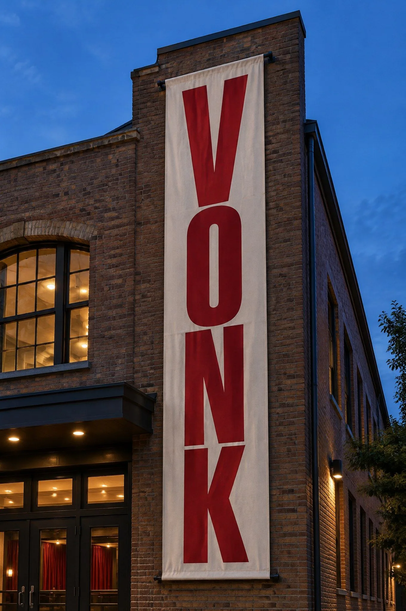 Een hoge banier met het woord VONK verticaal op de bakstenen gevel van een theater, avondlucht.