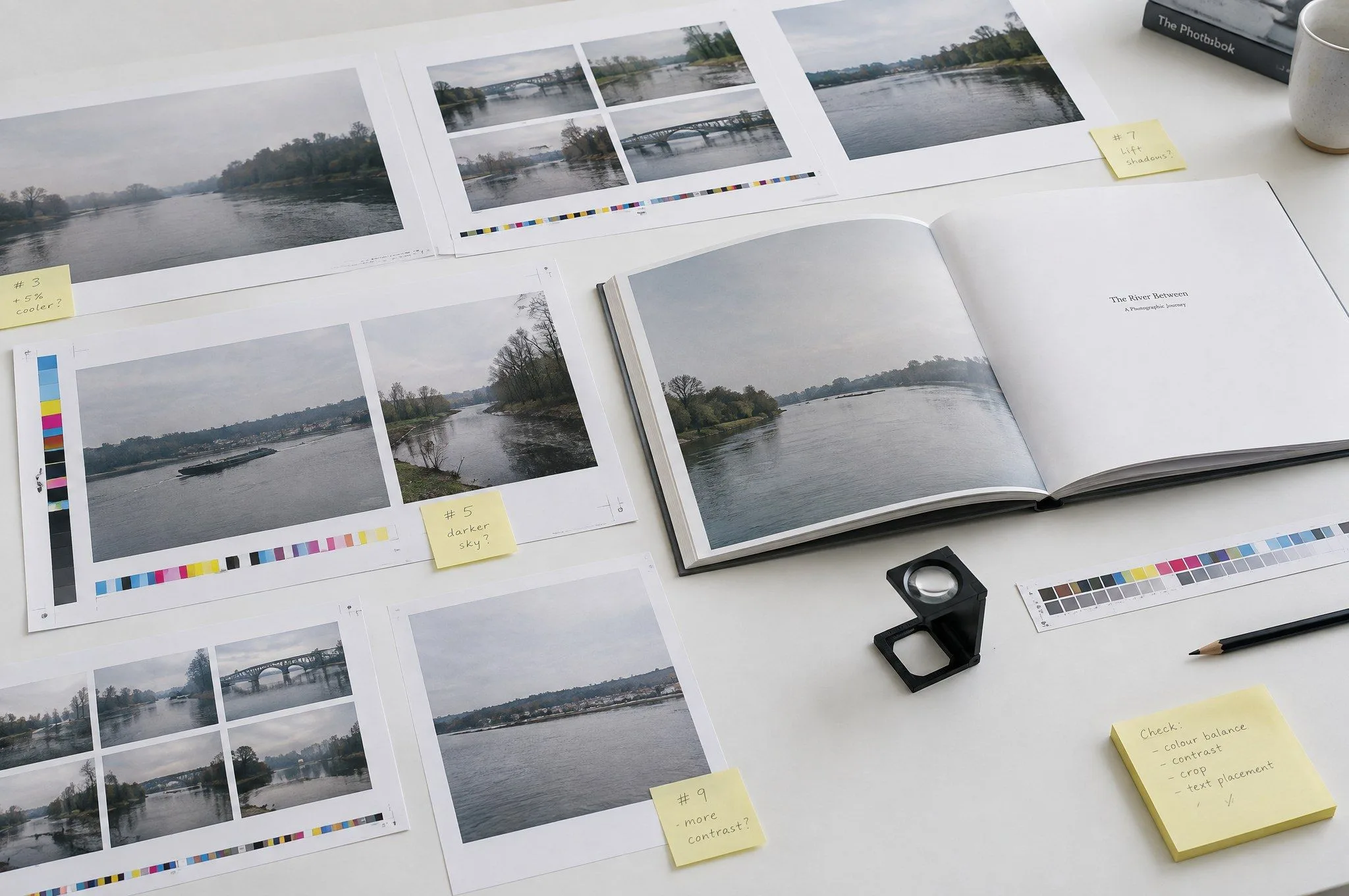 Kleurproeven en een dummy van het fotoboek op een witte tafel met een loep en notities.