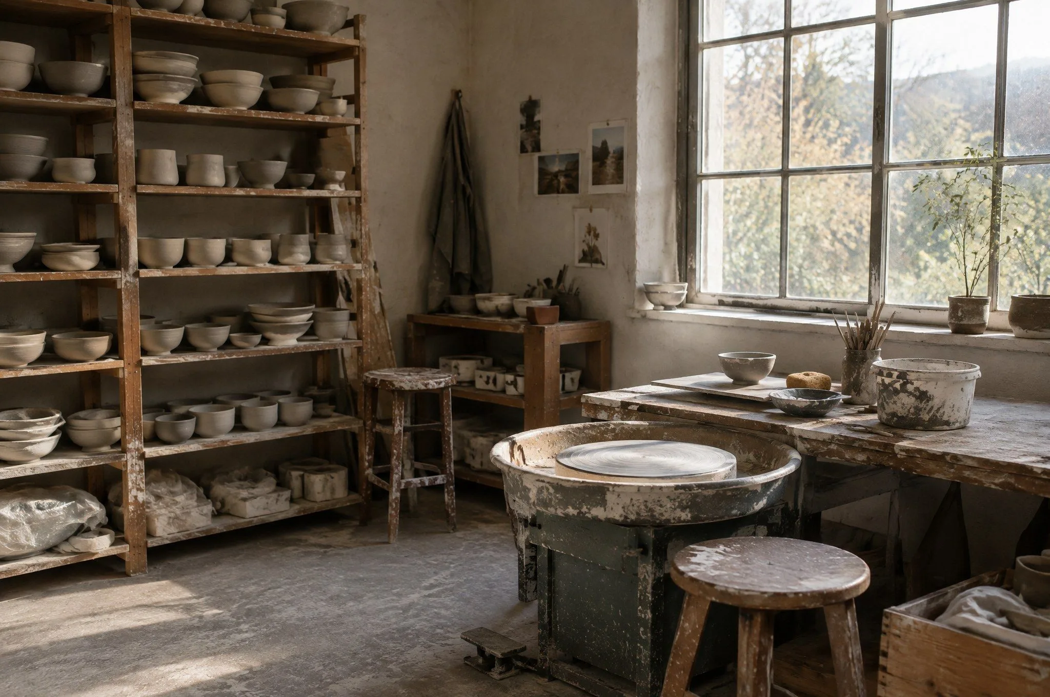 Atelier Een keramiekatelier met stellingen vol ongeglazuurde kommen, een draaischijf en één groot raam.