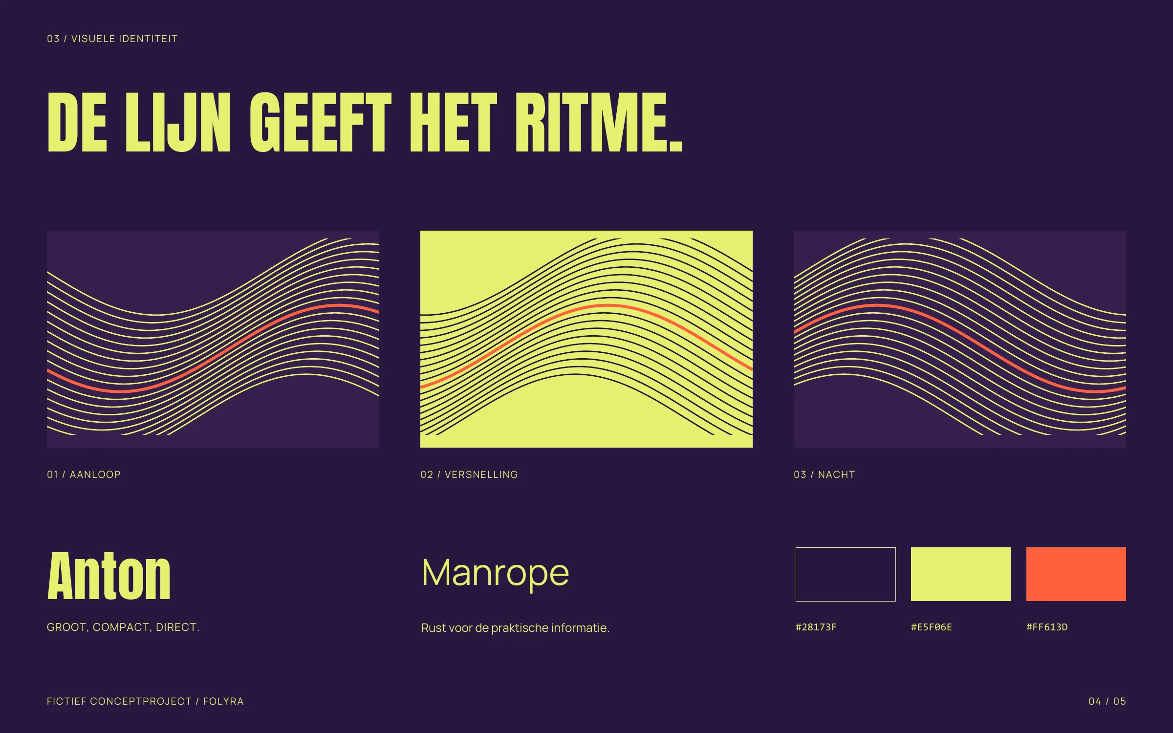 Drie toestanden van het lijnmotief met typografie en kleurcodes.